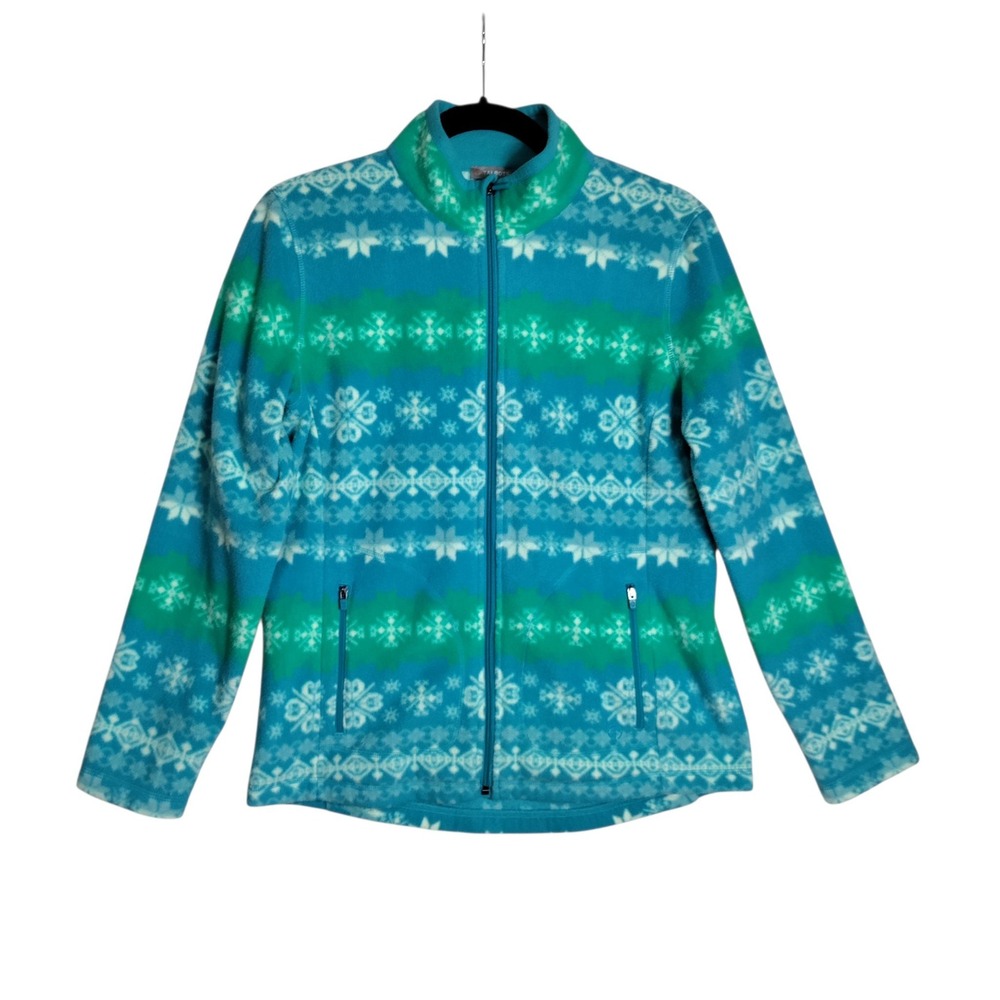Talbots Womens Teal Green Snowflake Fair Isle Full Zip Fleece Jacket Small